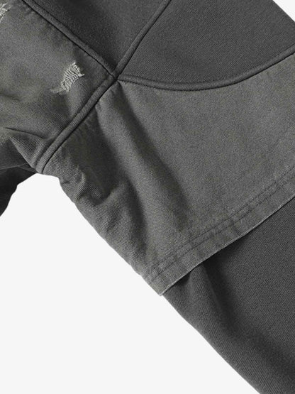 Distressed Patchwork Raw-Edge Layered-Hem Fleece Hoodie 