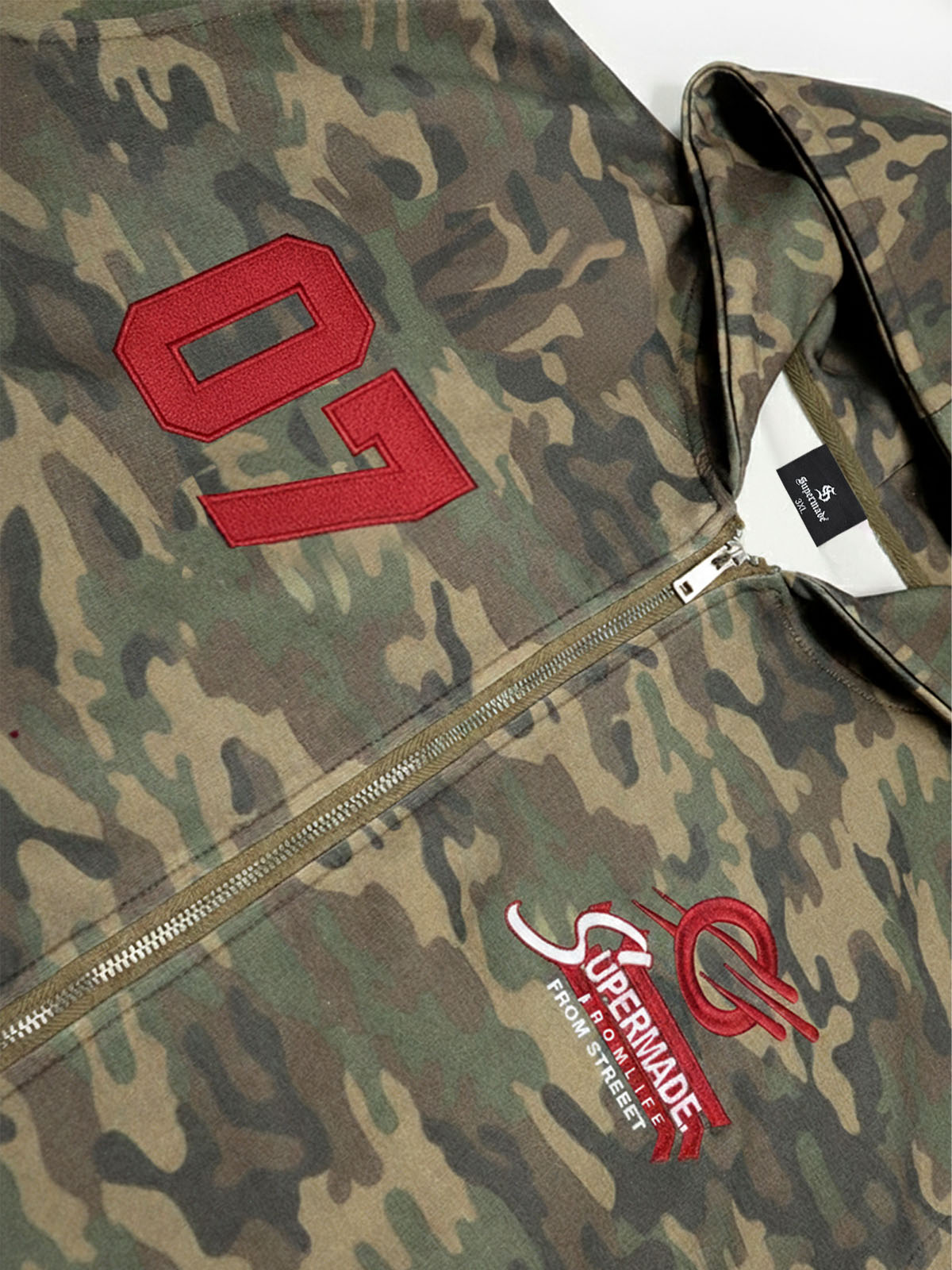 Camouflage Hooded Jacket with Embroidered Details and Striped Sleeves 