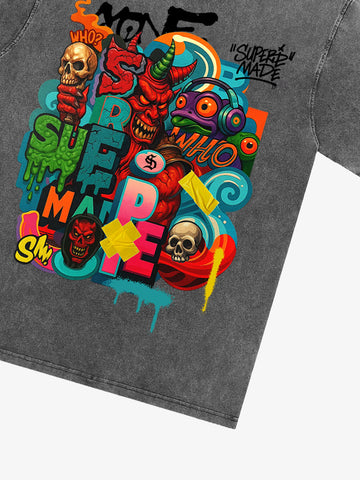 Trendy Multicolor Graffiti Skull Graphic T-Shirt 