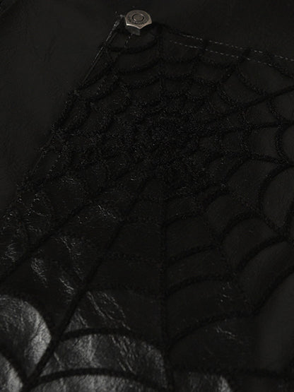 Faux Leather Wide Leg Pants with Spiderweb Embossed Pockets - Edgy Fashion Statement 