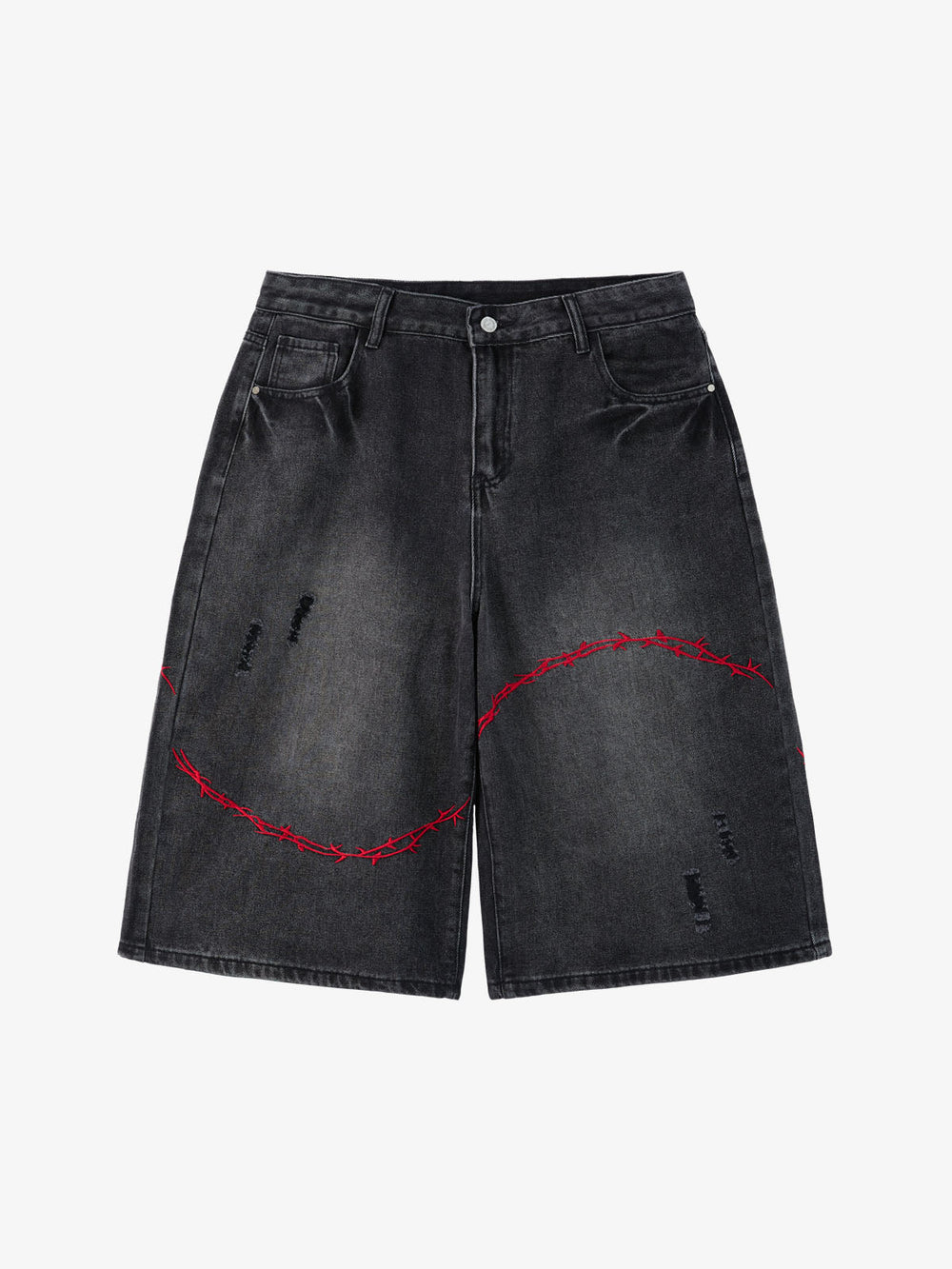 Vintage Barbed Wire Embroidery Distressed Washed Denim Jorts 