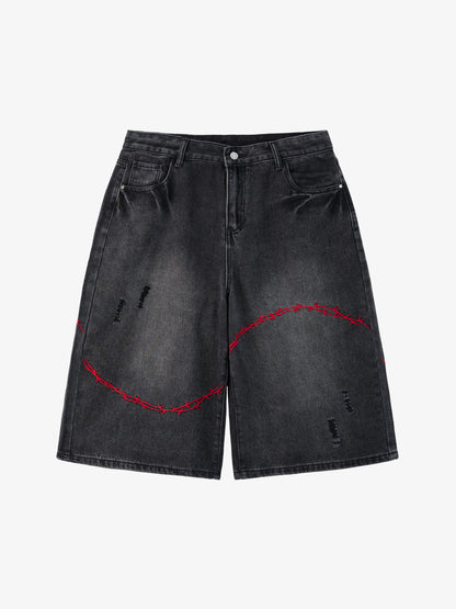 Denim Shorts with Barbed Wire Embroidery and Ripped Details for Men 
