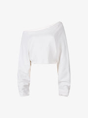 Off-Shoulder Raw Edge Cropped Long Sleeve Tee