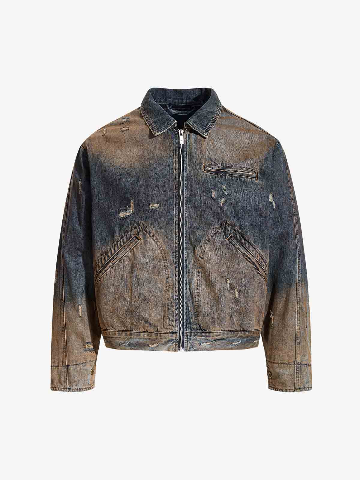 Vintage Washed Distressed Denim Zip Up Jacket