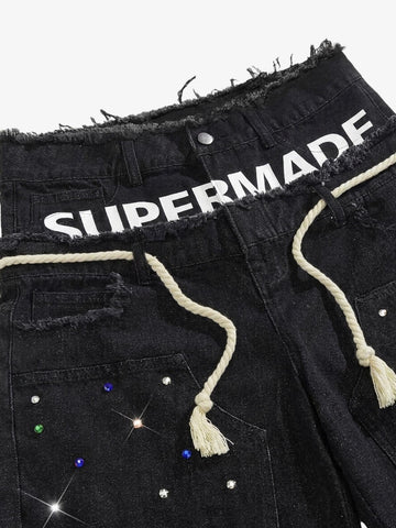 Rhinestone Letter Graphic Drawstring Denim Shorts