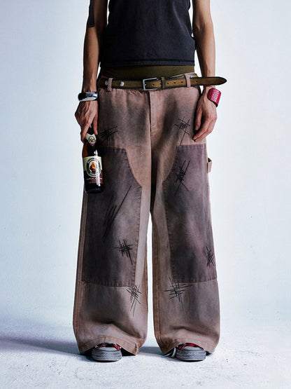 Thesupermade Scratched Patchwork Distressed Embroidered Work Jeans 
