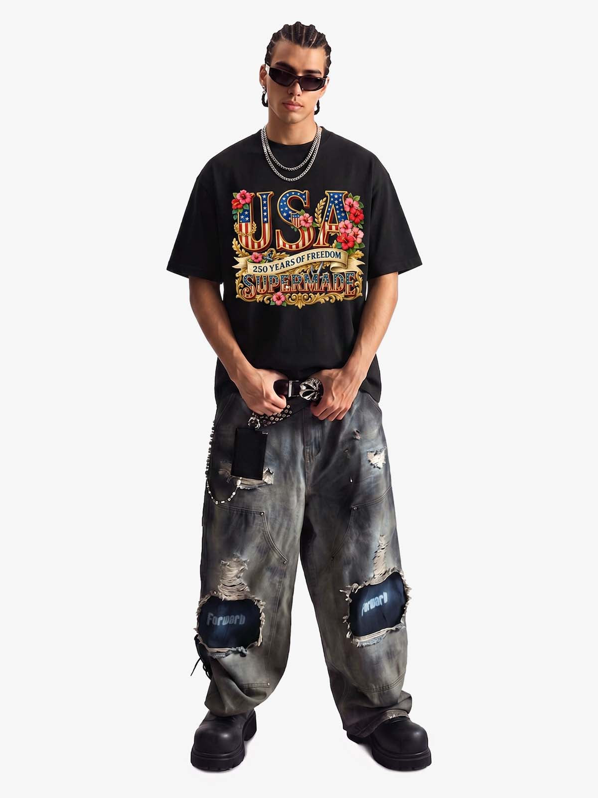 Floral USA Flag Graphic T-Shirt 