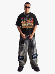 Floral USA Flag Graphic T-Shirt 