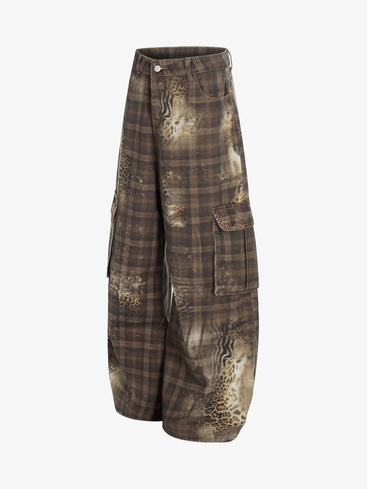 Plaid Leopard Print Cargo Barrel Jeans