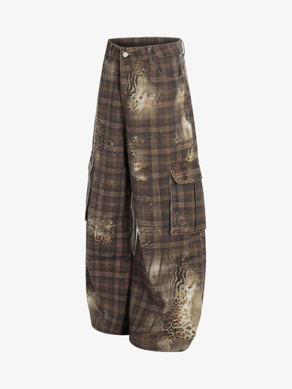 Plaid Leopard Print Cargo Barrel Jeans
