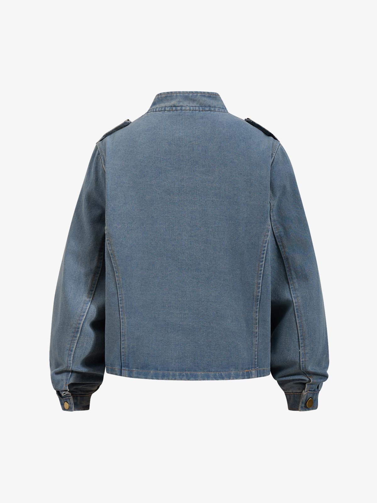 Washed Double-Breasted Stand-Collar Denim Jacket