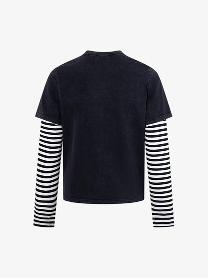 Distressed Angel Print Layered Striped Long Sleeve Tee