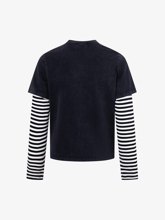 Distressed Angel Print Layered Striped Long Sleeve Tee