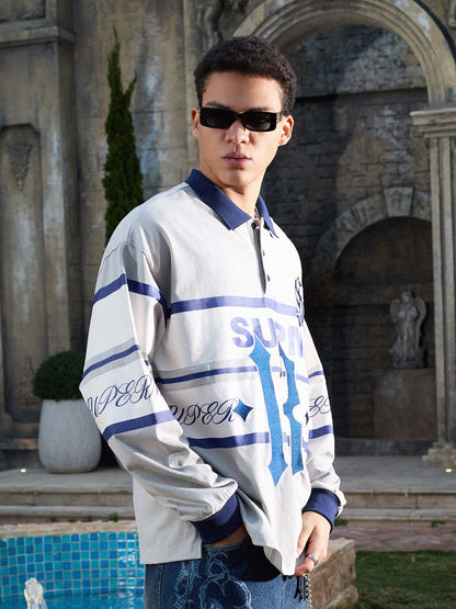 Supermade Color-Blocked Polo Collar Embroidered Print Long-Sleeved Jersey 