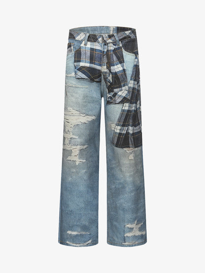Street Plaid 3D Print Straight Leg Jeans 