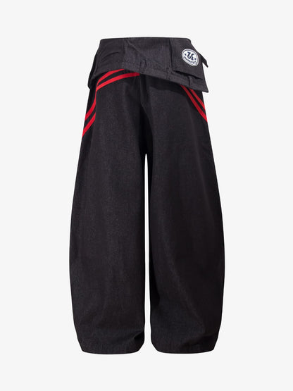 Retro Red Stripe Asymmetric Waist Barrel Jeans 