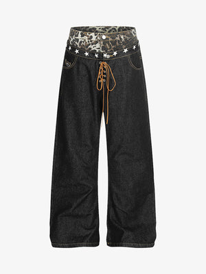 Stylish Wide-Leg Jeans with Unique Star Waistband Design for Men and Women 