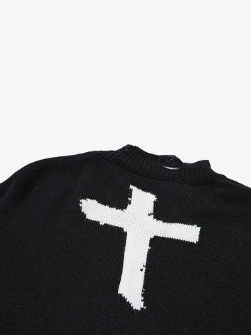 Cross Jacquard Ripped Long Sleeve Sweater