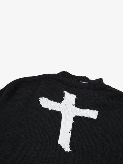Cross Jacquard Ripped Long Sleeve Sweater