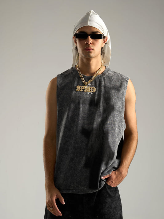 Cross-Print Distressed Washed Vest 