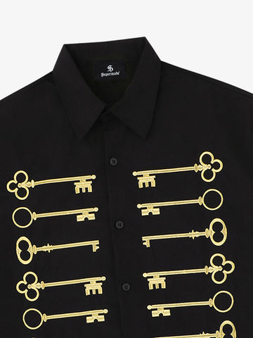 Black Cotton Button-Up Shirt with Gold Embroidered Key Motif – Classic Fit Top