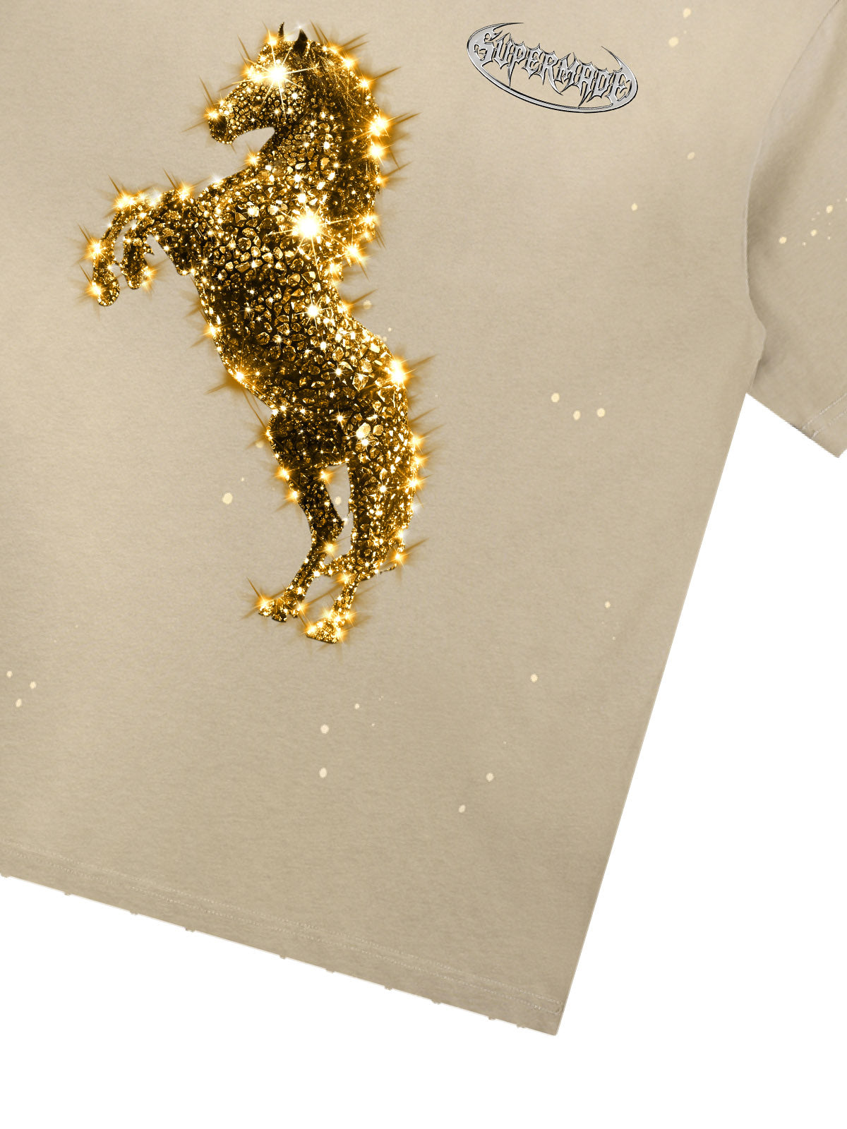 Unisex Washed Ink Blending Dual Color Cotton Horse Year Embroidered Diamond Horse Element Pattern Short-Sleeve T-Shirt 