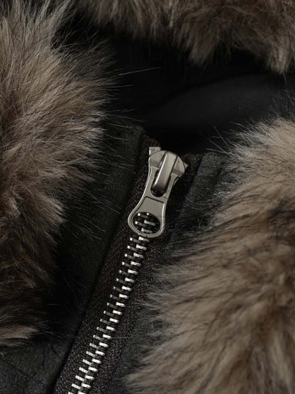 Letter Graphic Fur-Collar Zip-Up Jacket