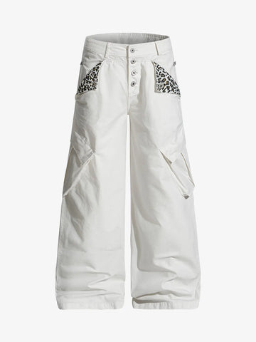 Vintage Patchwork Leopard Pocket Wide Leg Cargo Pants 