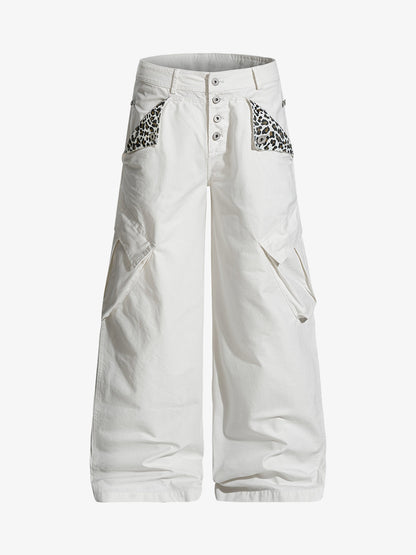 Vintage Patchwork Leopard Pocket Wide Leg Cargo Pants