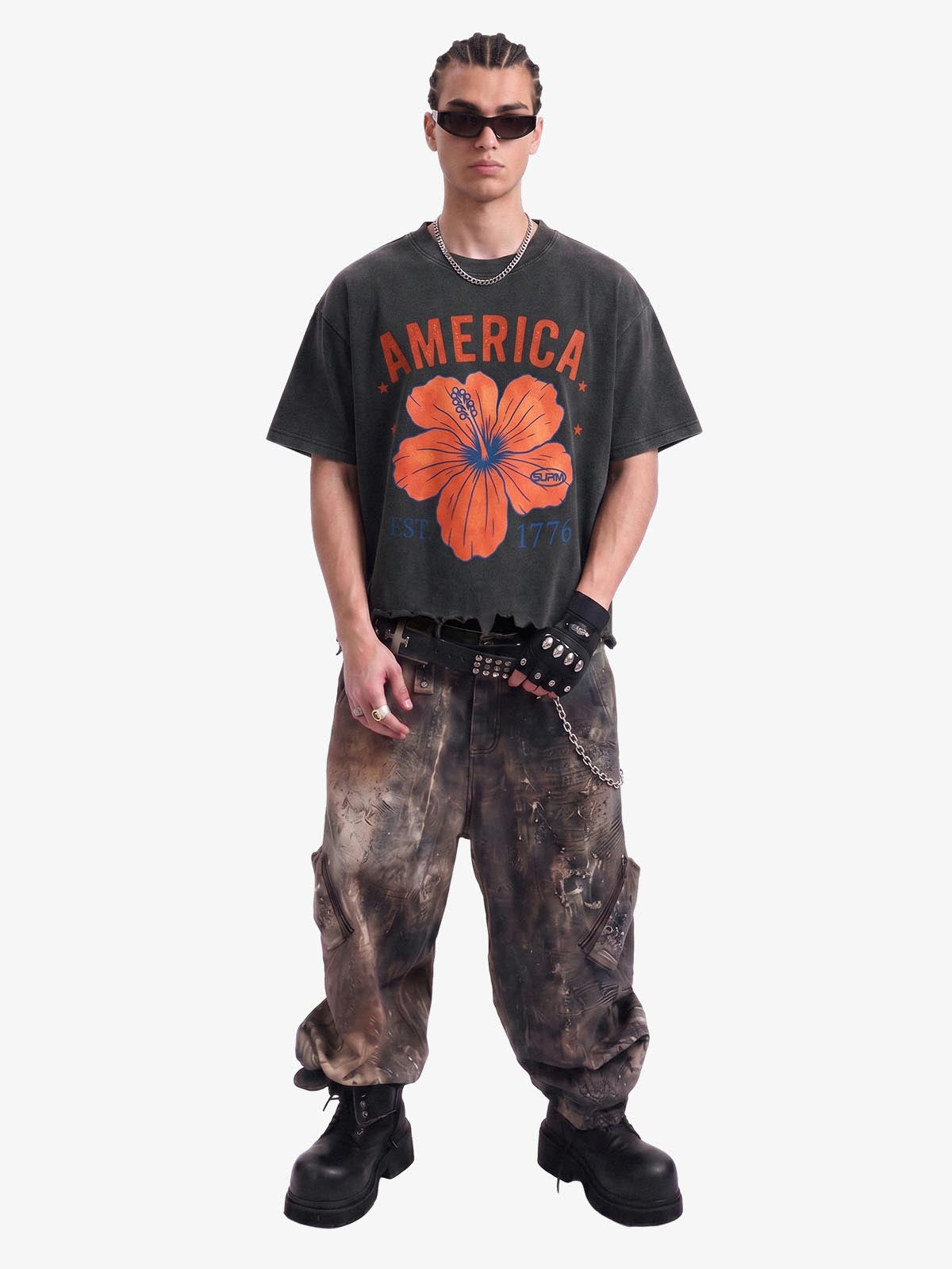 Acid Wash Ripped Floral T-Shirt 