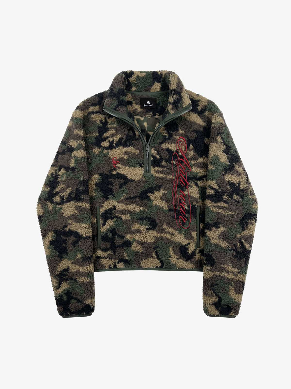 Letter Embroidered Camo Fleece Pullover Jacket