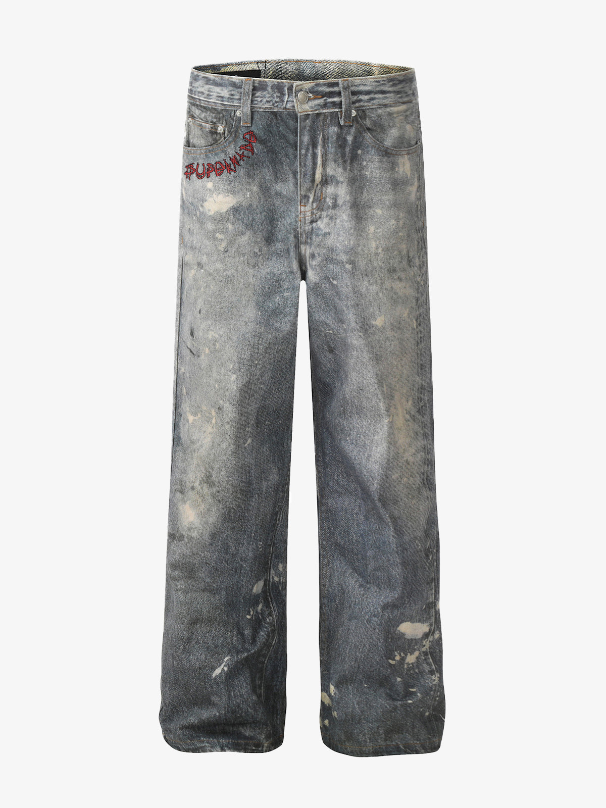 Distressed heavy-duty painted straight-leg jeans, adorned with red graffiti prints and paint-splatter wash effects 