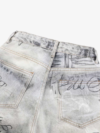 Denim Wide Leg Pants with Graffiti Print High Waist Baggy Style Streetwear Jeans for Men and Women 