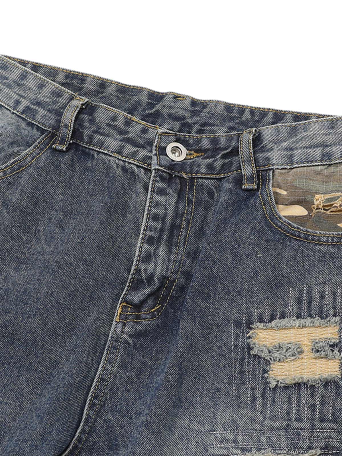Distressed Camouflage Patchwork Jeans 