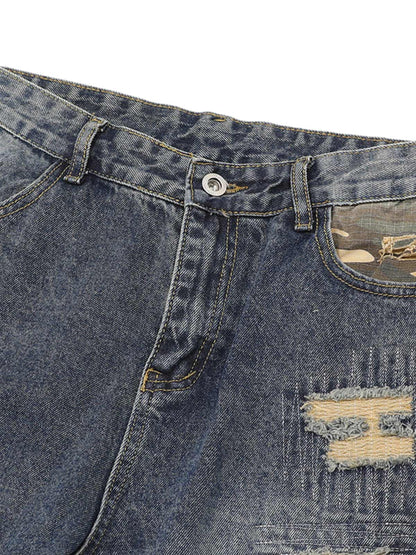 Distressed Camouflage Patchwork Jeans 