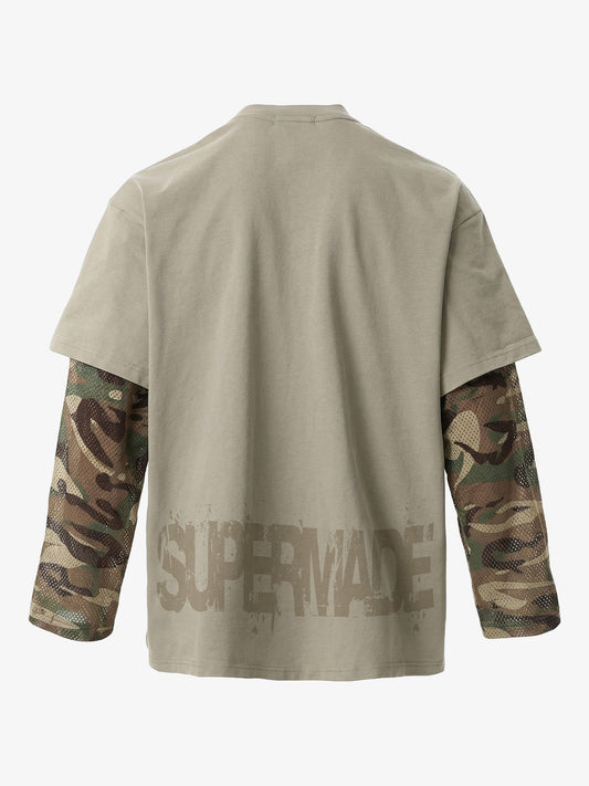 Grunge Graphic Fake Layer Camo Sleeve T-Shirt 