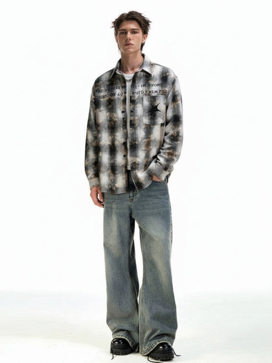 Streetwear Washed Distressed Plaid Long Sleeve Shirt 