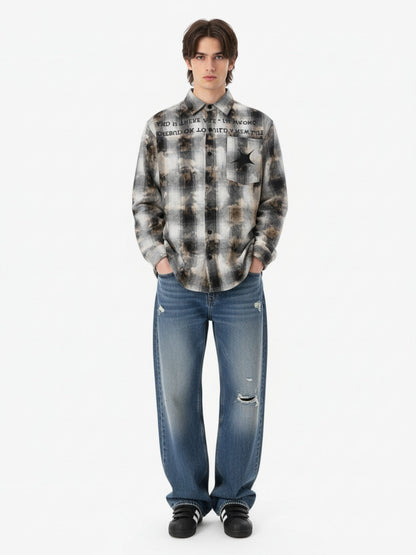 Streetwear Washed Distressed Plaid Long Sleeve Shirt 