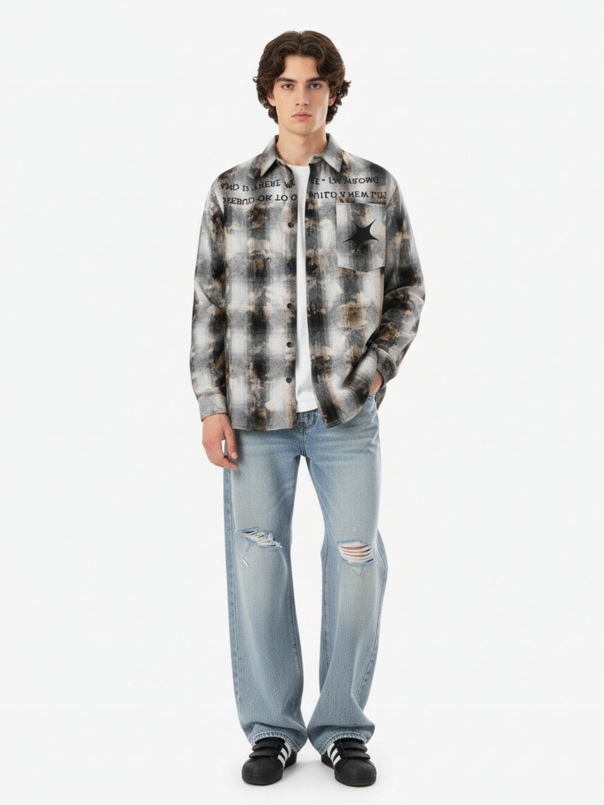 Streetwear Washed Distressed Plaid Long Sleeve Shirt 