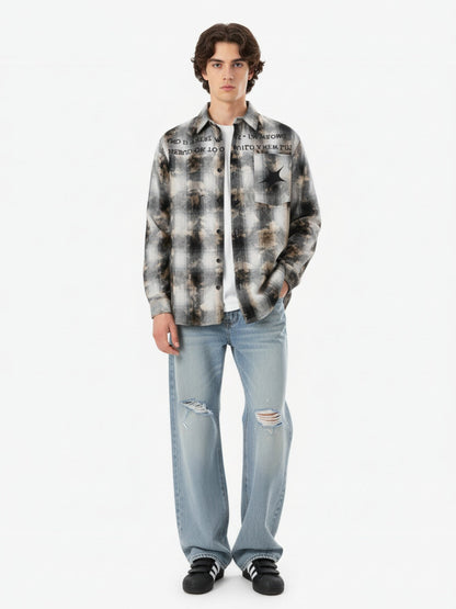 Streetwear Washed Distressed Plaid Long Sleeve Shirt 