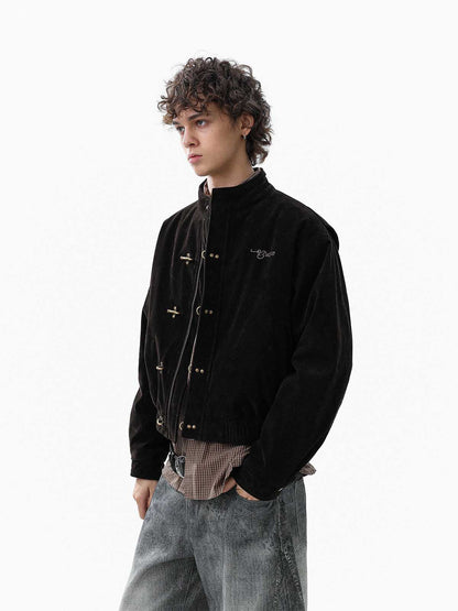 Vintage Suede Embroidered Toggle-Buckle Stand Collar Down Jacket 