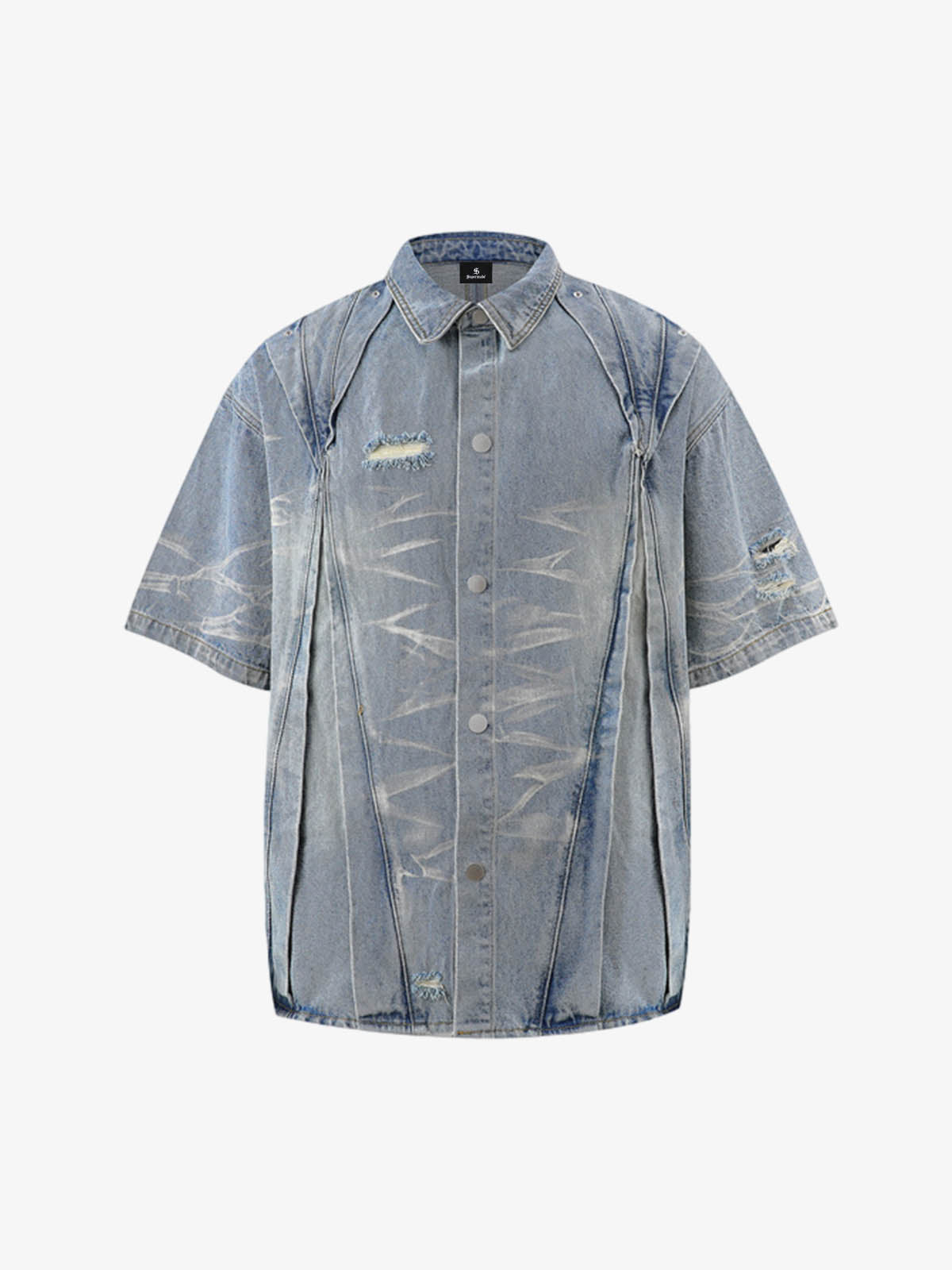 Washed Black Branch Print Deconstructed Denim Set 