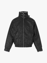 Deconstructed Faux-Fur Trim Stand-Collar PU Leather Coat