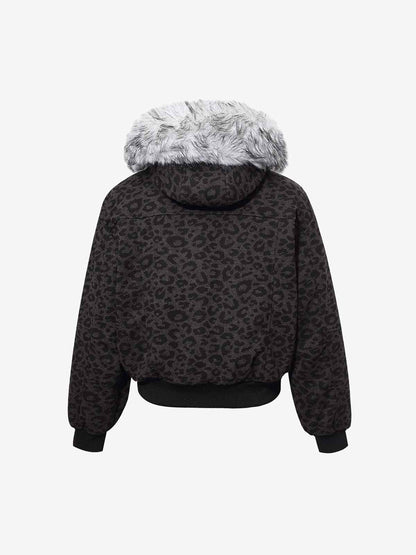 Retro Faux Fur Trimmed Hood Leopard Print Bomber Jacket 