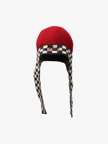 Retro Checkerboard Knit Color-Block Earflap Beanie Hat 