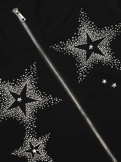 Star Rhinestone Cat Ear Zip-Up Hoodie