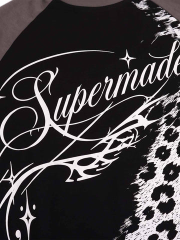 Leopard Patchwork Letter Graphic Long Sleeve Tee