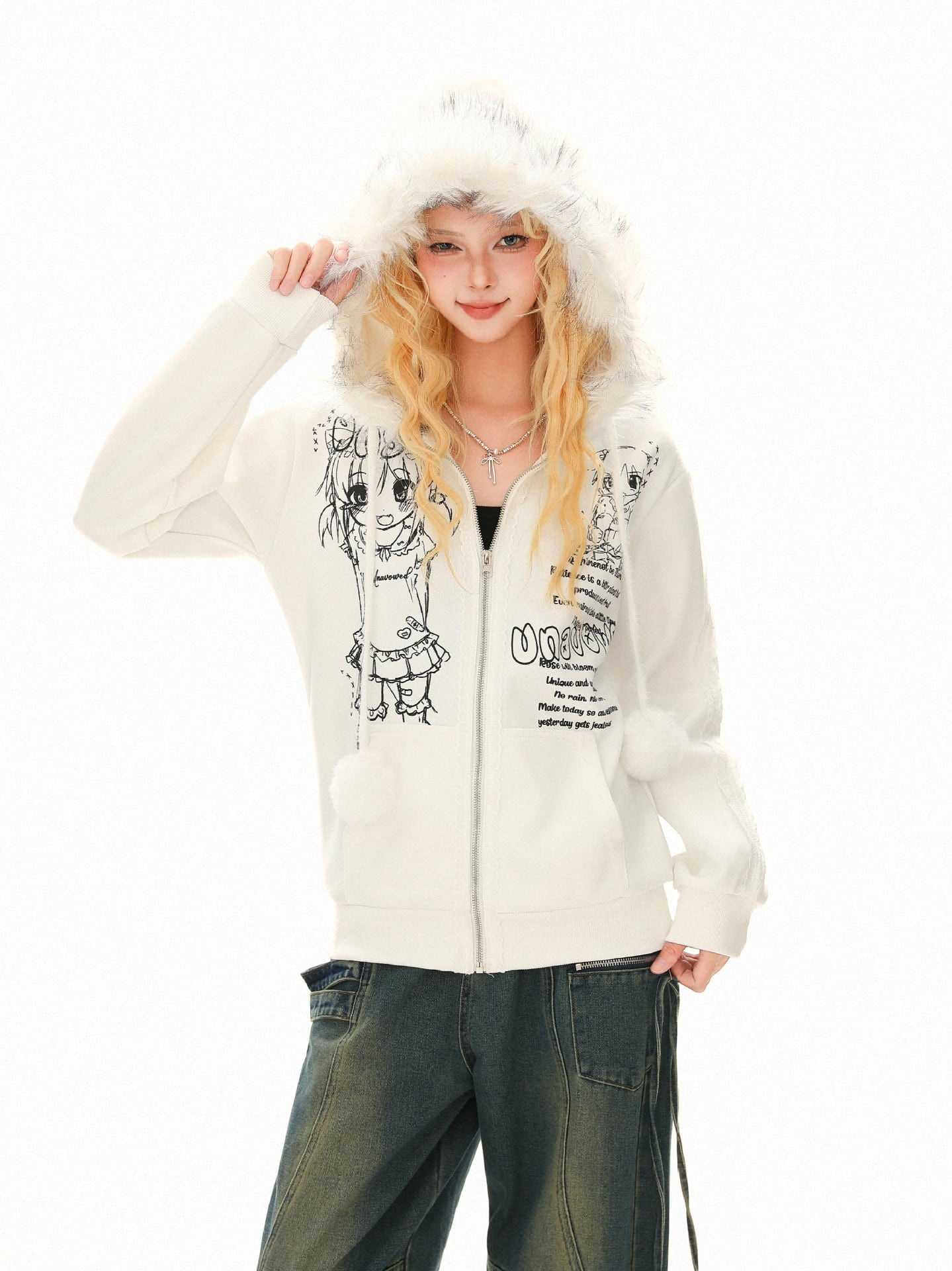 Retro Plush Collar Cartoon Anime Zip-Up Hoodie 
