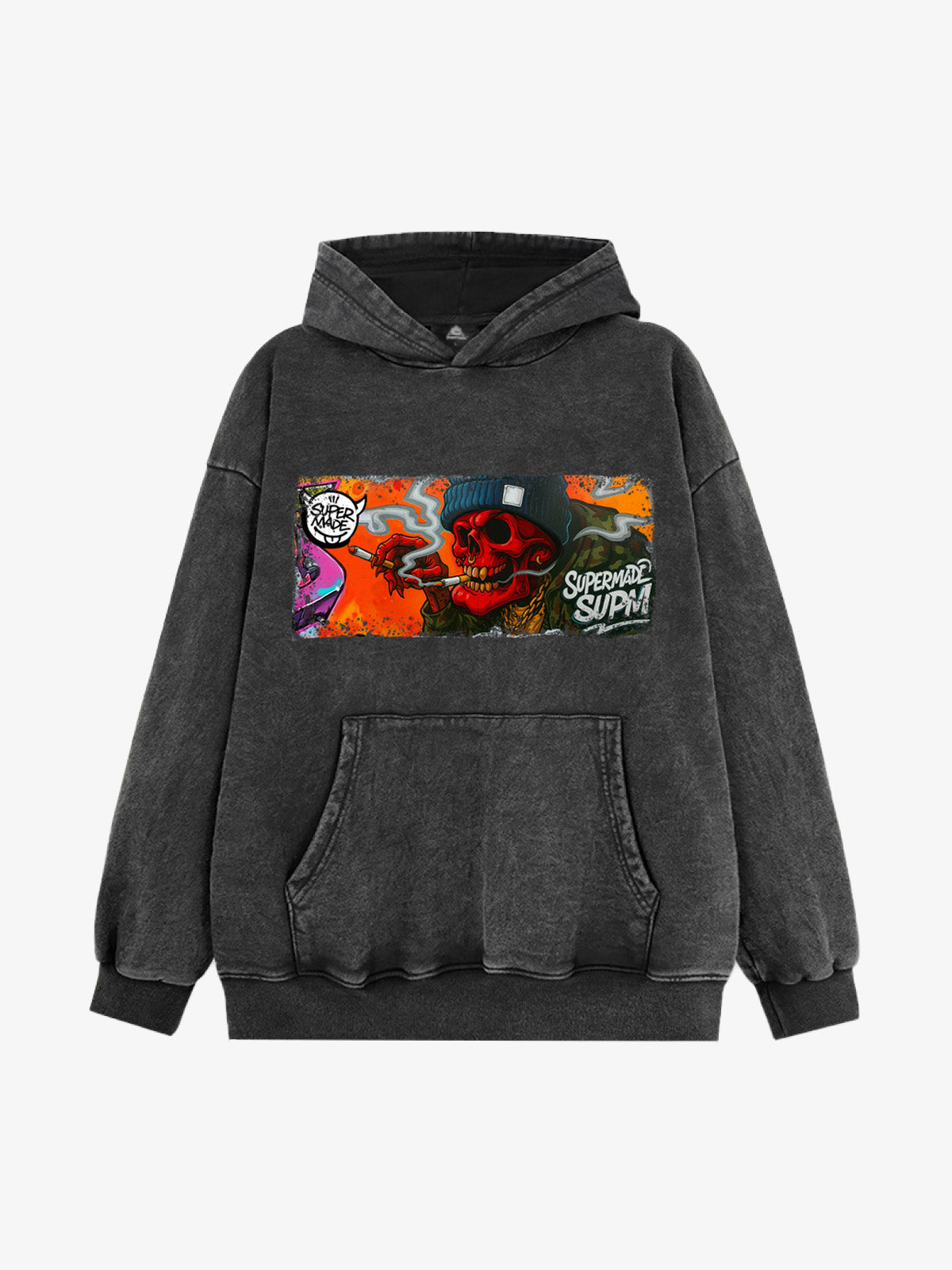 Thesupermade Distressed Blood-red Skull Graffiti Hooded Sweatshirt 