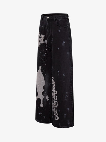 Retro Rhinestone Graffiti Washed Straight Jeans 